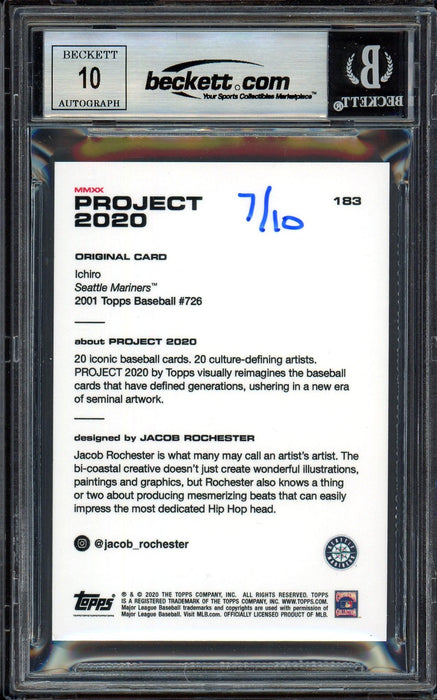 Ichiro Suzuki Autographed Topps Project 2020 Jacob Rochester Card #183 Seattle Mariners Auto Grade Gem Mint 10 Black #/10 Beckett BAS Stock #200992 - RSA
