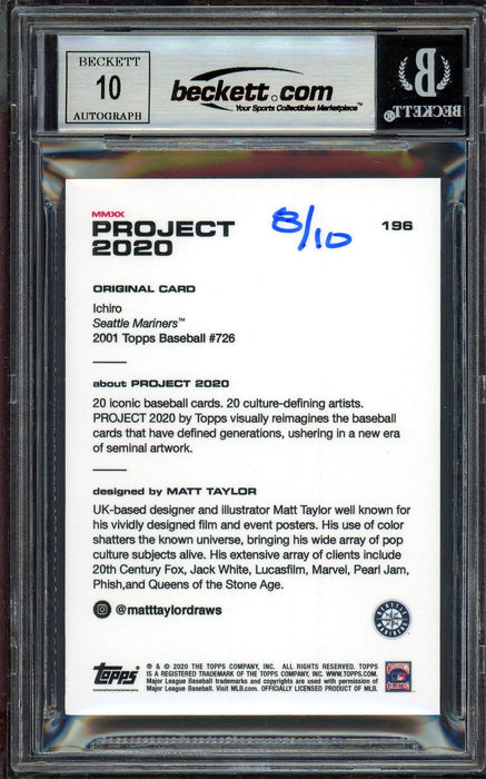 Ichiro Suzuki Autographed Topps Project 2020 Matt Taylor Card #196 Seattle Mariners Auto Grade Gem Mint 10 Blue #/10 Beckett BAS Stock #200997 - RSA