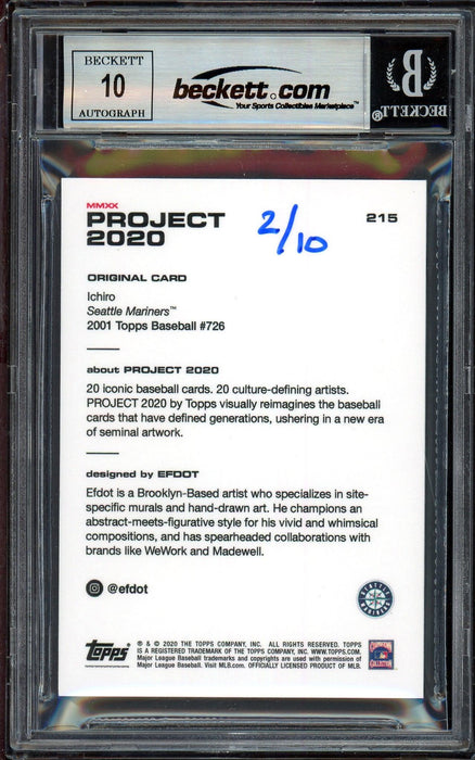 Ichiro Suzuki Autographed Topps Project 2020 Efdot Card #215 Seattle Mariners Auto Grade Gem Mint 10 Blue #/10 Beckett BAS Stock #201003 - RSA