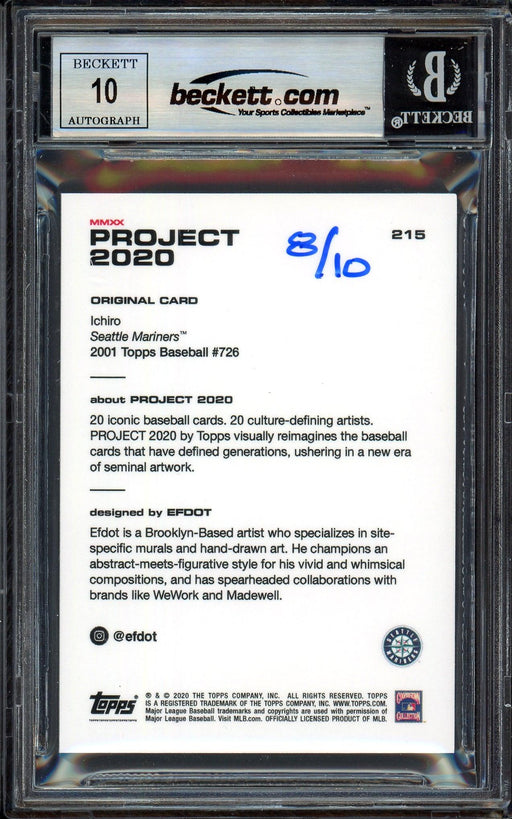Ichiro Suzuki Autographed Topps Project 2020 Efdot Card #215 Seattle Mariners Auto Grade Gem Mint 10 Lime Green #/10 Beckett BAS Stock #201004 - RSA