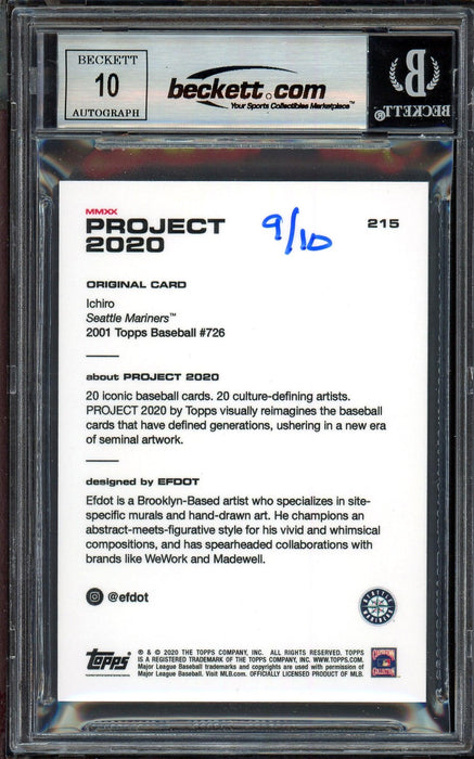Ichiro Suzuki Autographed Topps Project 2020 Efdot Card #215 Seattle Mariners Auto Grade Gem Mint 10 Black #/10 Beckett BAS Stock #201005 - RSA
