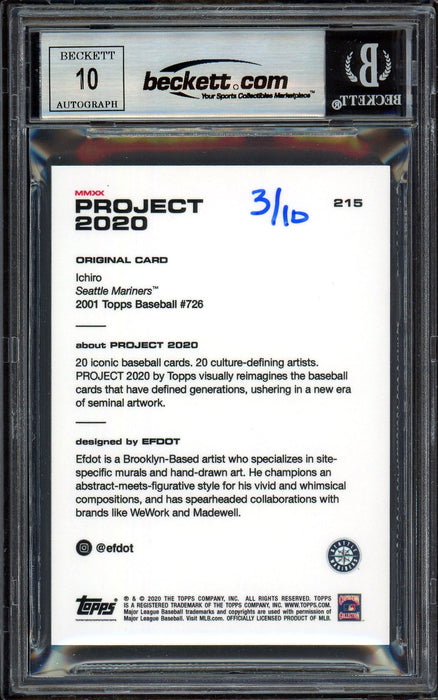 Ichiro Suzuki Autographed Topps Project 2020 Efdot Card #215 Seattle Mariners Auto Grade Gem Mint 10 Teal #/10 Beckett BAS Stock #201006 - RSA