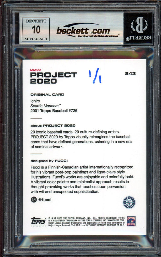 Ichiro Suzuki Autographed Topps Project 2020 Fucci Card #243 Seattle Mariners Auto Grade Gem Mint 10 "01 ROY/MVP" Blue #1/1 Beckett BAS #13713099 - RSA