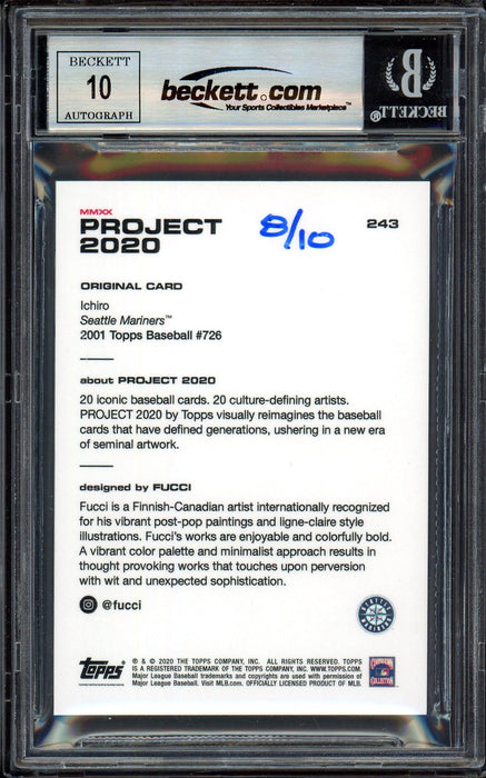 Ichiro Suzuki Autographed Topps Project 2020 Fucci Card #243 Seattle Mariners Auto Grade Gem Mint 10 Blue #/10 Beckett BAS Stock #201008 - RSA