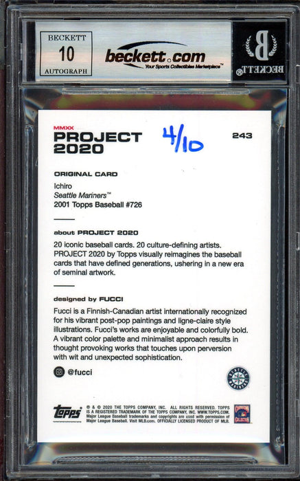 Ichiro Suzuki Autographed Topps Project 2020 Fucci Card #243 Seattle Mariners Auto Grade Gem Mint 10 Lime Green #/10 Beckett BAS Stock #201009 - RSA
