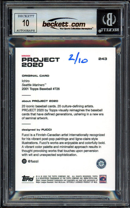 Ichiro Suzuki Autographed Topps Project 2020 Fucci Card #243 Seattle Mariners Auto Grade Gem Mint 10 Black #/10 Beckett BAS Stock #201010 - RSA