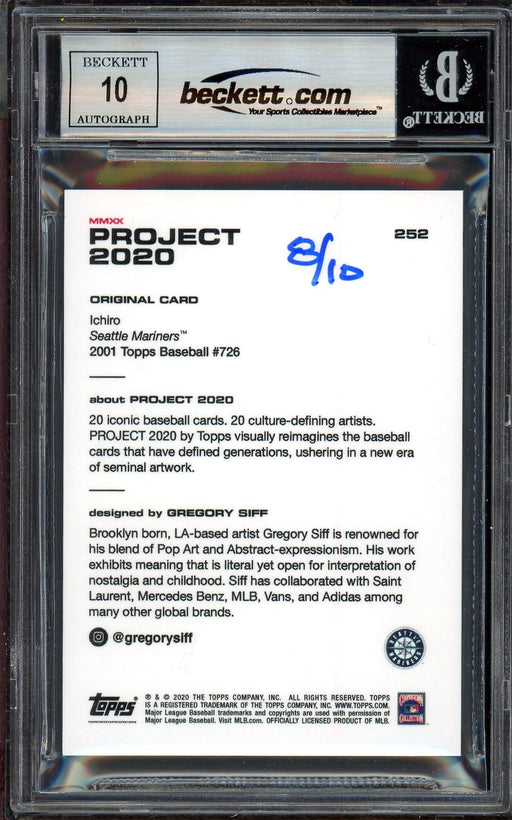 Ichiro Suzuki Autographed Topps Project 2020 Gregory Siff Card #252 Seattle Mariners Auto Grade Gem Mint 10 Blue #/10 Beckett BAS Stock #201013 - RSA