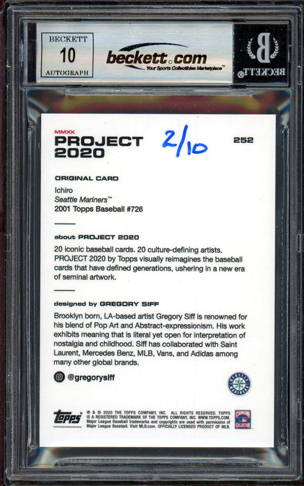 Ichiro Suzuki Autographed Topps Project 2020 Gregory Siff Card #252 Seattle Mariners Auto Grade Gem Mint 10 Black #/10 Beckett BAS Stock #201015 - RSA