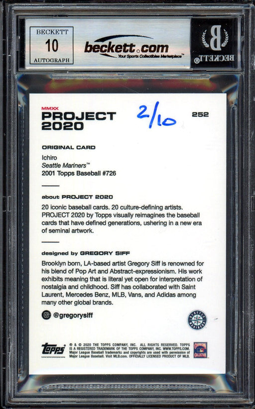 Ichiro Suzuki Autographed Topps Project 2020 Gregory Siff Card #252 Seattle Mariners Auto Grade Gem Mint 10 Teal #/10 Beckett BAS Stock #201016 - RSA
