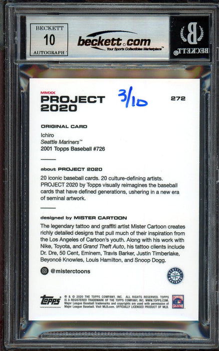Ichiro Suzuki Autographed Topps Project 2020 Mister Cartoon Card #272 Seattle Mariners Auto Grade Gem Mint 10 Teal #/10 Beckett BAS Stock #201021 - RSA