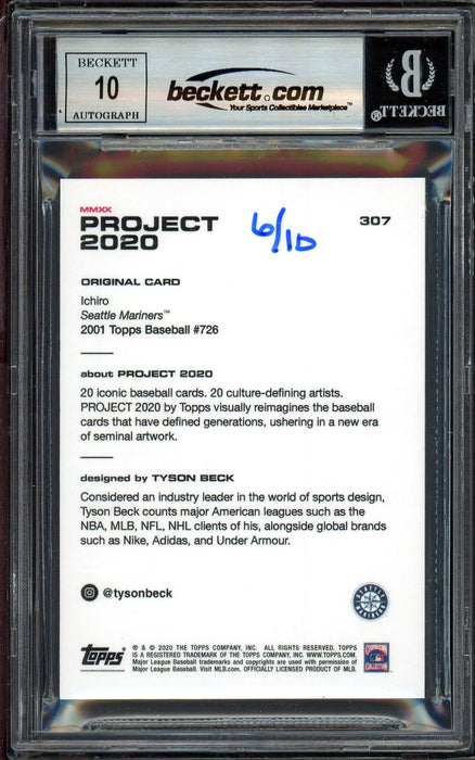 Ichiro Suzuki Autographed Topps Project 2020 Tyson Beck Card #307 Seattle Mariners Auto Grade Gem Mint 10 Blue #/10 Beckett BAS Stock #201031 - RSA