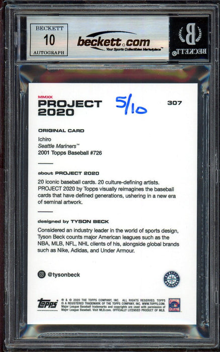Ichiro Suzuki Autographed Topps Project 2020 Tyson Beck Card #307 Seattle Mariners Auto Grade Gem Mint 10 Gold #5/10 Beckett BAS #13713388 - RSA
