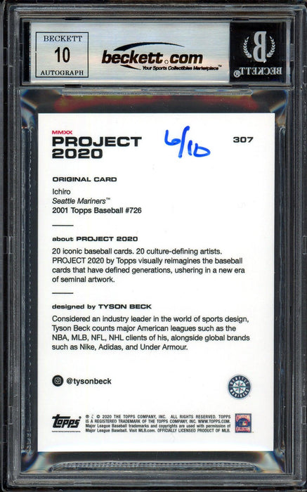 Ichiro Suzuki Autographed Topps Project 2020 Tyson Beck Card #307 Seattle Mariners Auto Grade Gem Mint 10 Gold #6/10 Beckett BAS #13713395 - RSA