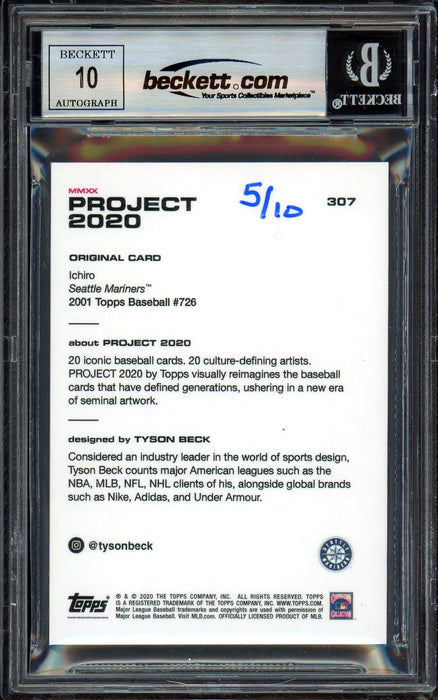 Ichiro Suzuki Autographed Topps Project 2020 Tyson Beck Card #307 Seattle Mariners Auto Grade Gem Mint 10 Silver #5/10 Beckett BAS #13713385 - RSA