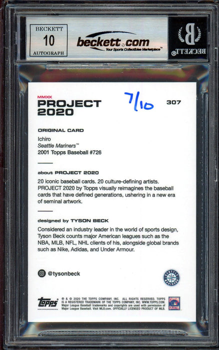Ichiro Suzuki Autographed Topps Project 2020 Tyson Beck Card #307 Seattle Mariners Auto Grade Gem Mint 10 Silver #7/10 Beckett BAS #13713387 - RSA