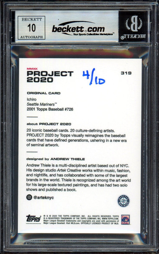 Ichiro Suzuki Autographed Topps Project 2020 Andrew Thiele Card #319 Seattle Mariners Auto Grade Gem Mint 10 Blue #/10 Beckett BAS Stock #201042 - RSA