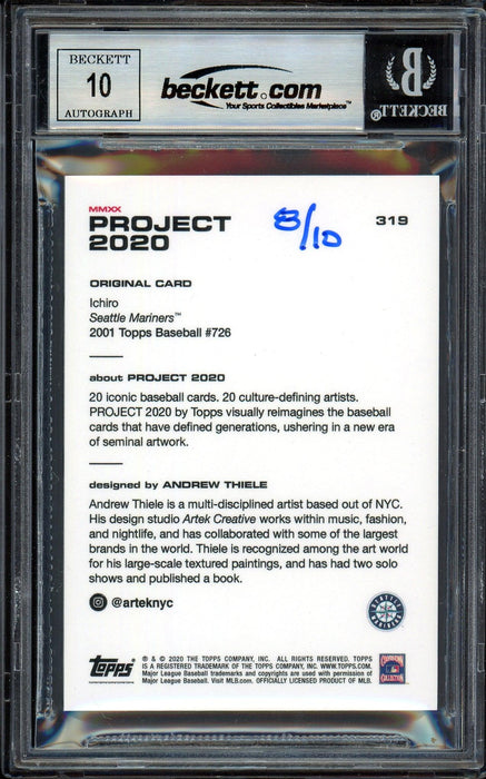 Ichiro Suzuki Autographed Topps Project 2020 Andrew Thiele Card #319 Seattle Mariners Auto Grade Gem Mint 10 Black #/10 Beckett BAS Stock #201044 - RSA