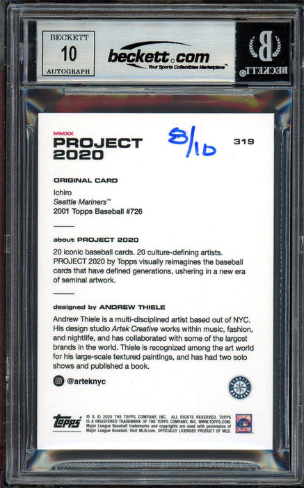 Ichiro Suzuki Autographed Topps Project 2020 Andrew Thiele Card #319 Seattle Mariners Auto Grade Gem Mint 10 Teal #/10 Beckett BAS Stock #201045 - RSA