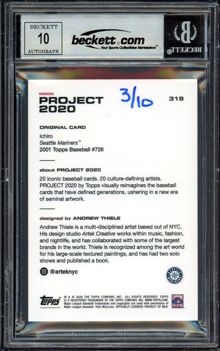 Ichiro Suzuki Autographed Topps Project 2020 Andrew Thiele Card #319 Seattle Mariners Auto Grade Gem Mint 10 Gold #/10 Beckett BAS Stock #201046 - RSA