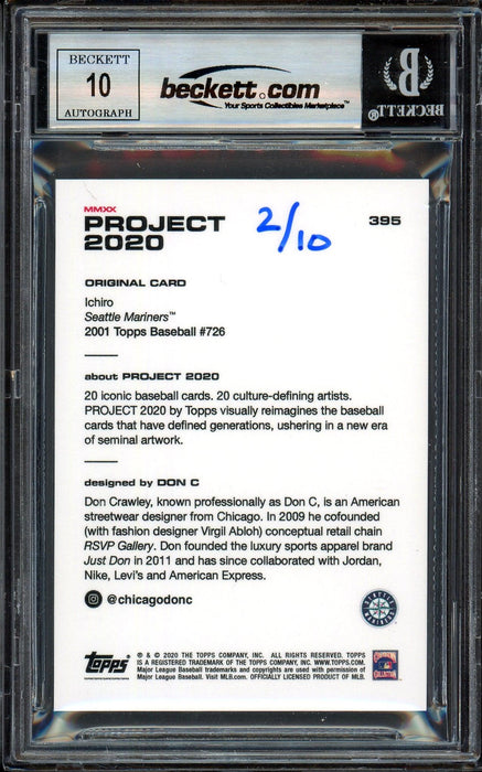 Ichiro Suzuki Autographed Topps Project 2020 Don C Card #395 Seattle Mariners Auto Grade Gem Mint 10 Blue #/10 Beckett BAS Stock #201056 - RSA