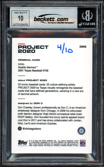 Ichiro Suzuki Autographed Topps Project 2020 Don C Card #395 Seattle Mariners Auto Grade Gem Mint 10 Black #/10 Beckett BAS Stock #201058 - RSA