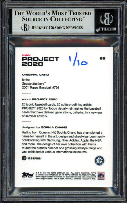 Ichiro Suzuki Autographed Topps Project 2020 Sophia Chang Card #62 Seattle Mariners Blue #1/10 Beckett BAS #13713752 - RSA