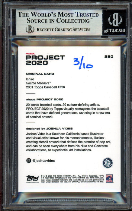 Ichiro Suzuki Autographed Topps Project 2020 Joshua Vides Card #280 Seattle Mariners Blue #/10 Beckett BAS Stock #201133 - RSA