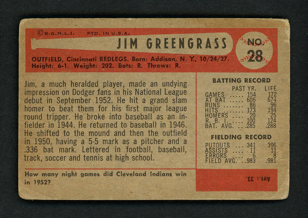 Jim Greengrass Autographed 1954 Bowman Card #28 Cincinnati Reds SKU #156962 - RSA