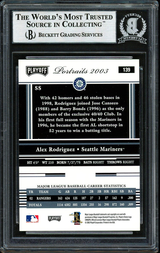 Alex Rodriguez Autographed 2003 Playoff Portraits Card #139 Seattle Mariners Beckett BAS #12410420 - RSA