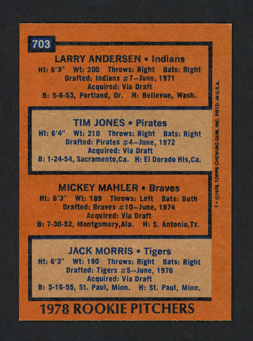 Jack Morris Autographed 1978 Topps Rookie Card #703 Detroit Tigers SKU #161603 - RSA