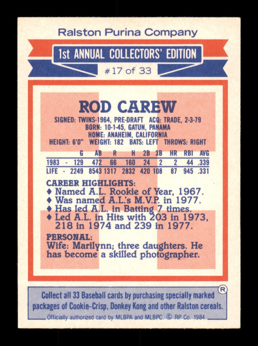 Rod Carew Autographed 1984 Ralston Purina Card #17 California Angels SKU #186653 - RSA