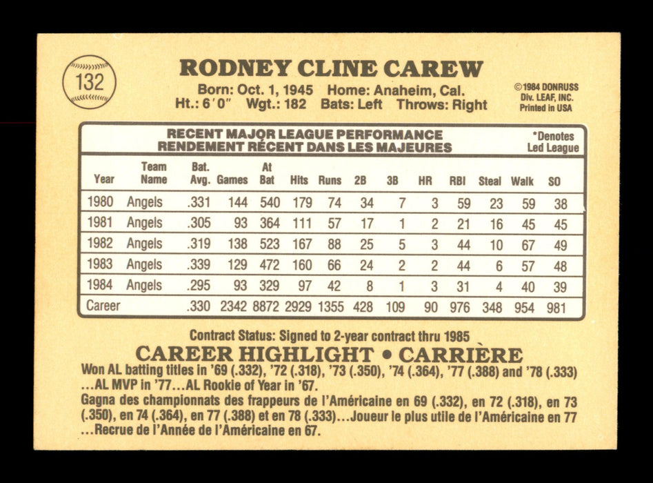 Rod Carew Autographed 1985 Leaf Card #132 California Angels SKU #186686 - RSA