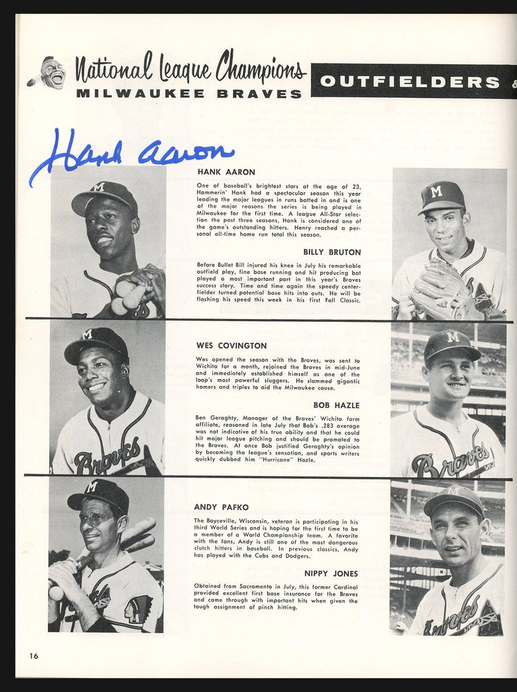 1957 Milwaukee Braves Autographed World Series Program With 5 Total Signatures Including Hank Aaron & Warren Spahn Beckett BAS #AA00297 - RSA