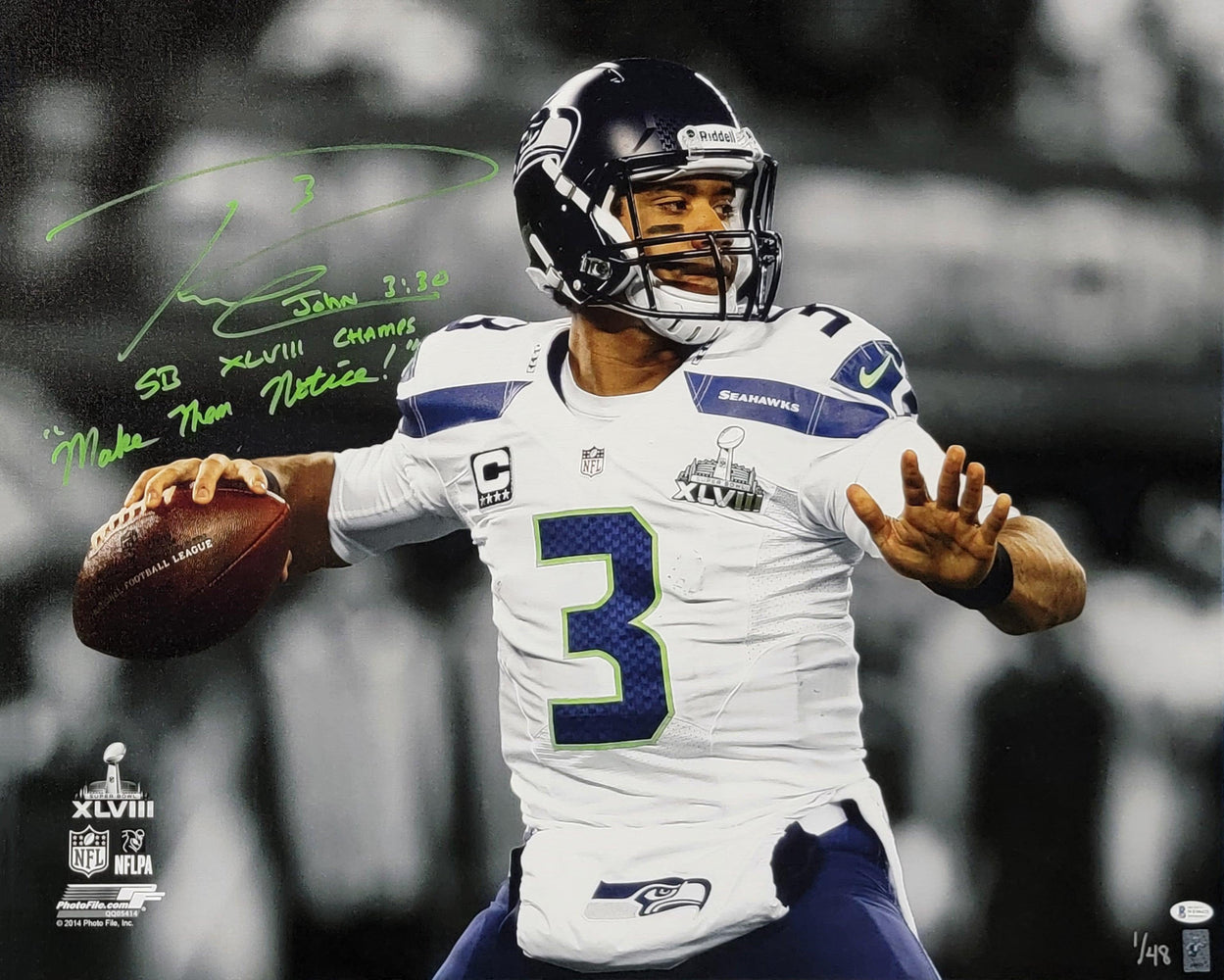 Russell Wilson Autographed Framed 24x30 Canvas Photo Seattle Seahawks "SB XLVIII Make Them Notice!" #1/48 Beckett BAS #WE98425 - RSA