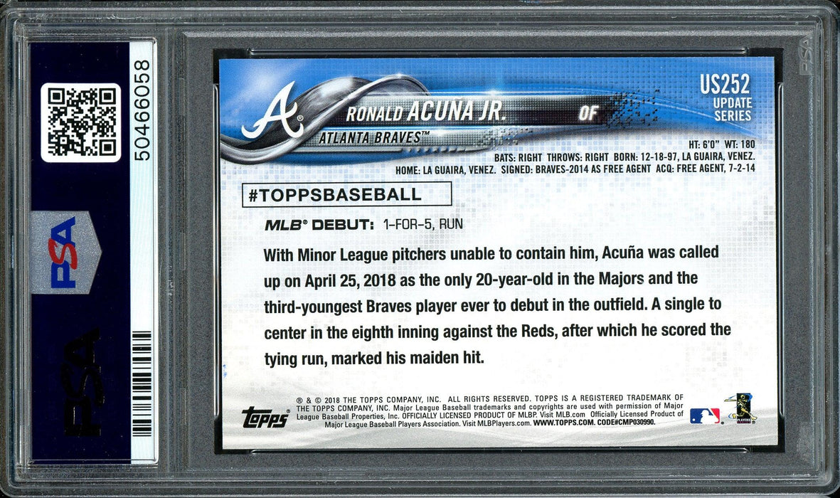 Ronald Acuna Jr. Autographed 2018 Topps Update Rookie Card #US252 Atlanta Braves Auto Grade 10 Card Grade Mint 9 PSA/DNA #50466058 - RSA
