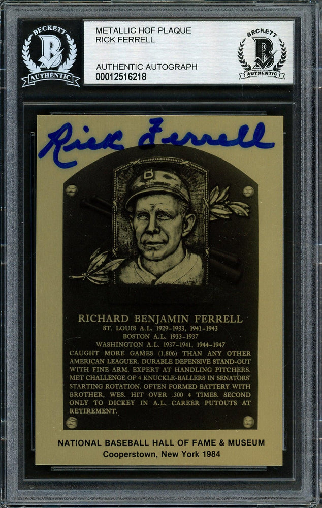 Rick Ferrell Autographed 1984 Metallic HOF Plaque Card Boston Red Sox Beckett BAS #12516218 - RSA