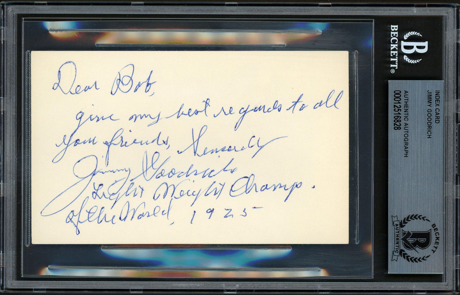 Jimmy Goodrich Autographed 3x5 Index Card 1925 Lightweight Champion "To Bob" Beckett BAS #12516828 - RSA