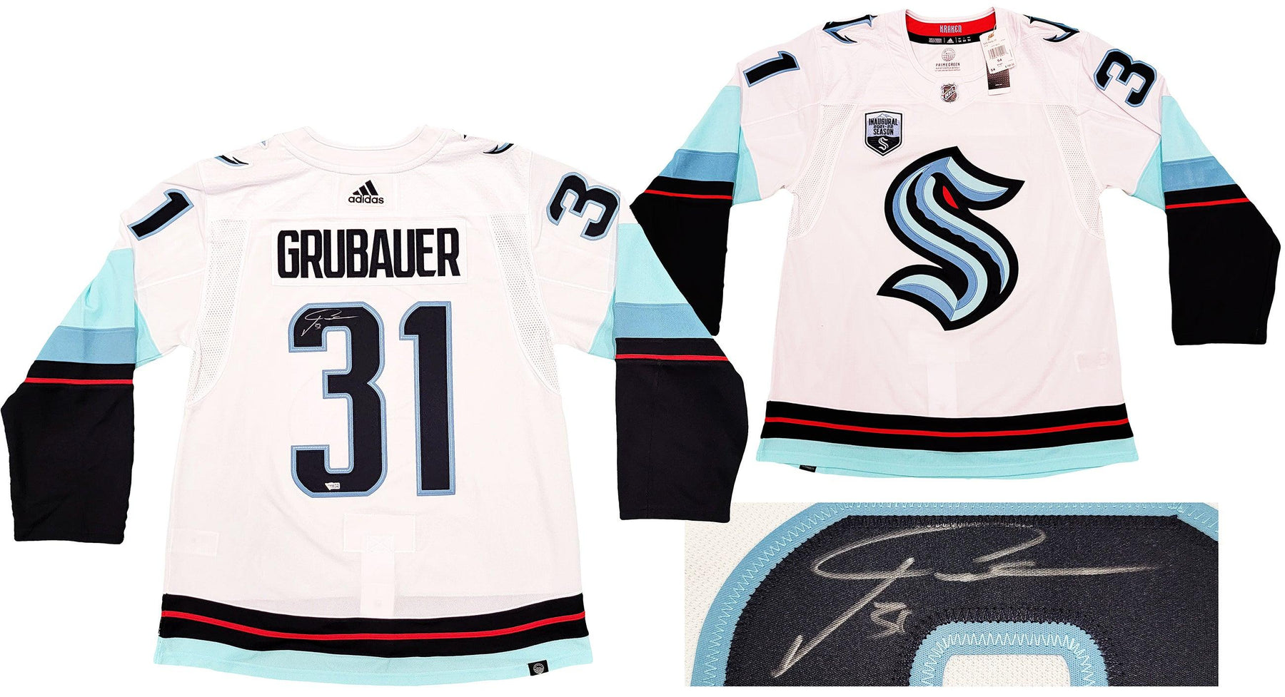 Seattle Kraken Philipp Grubauer Autographed White Adidas Jersey Inaugural Season Patch Fanatics Holo Stock #201665 - RSA