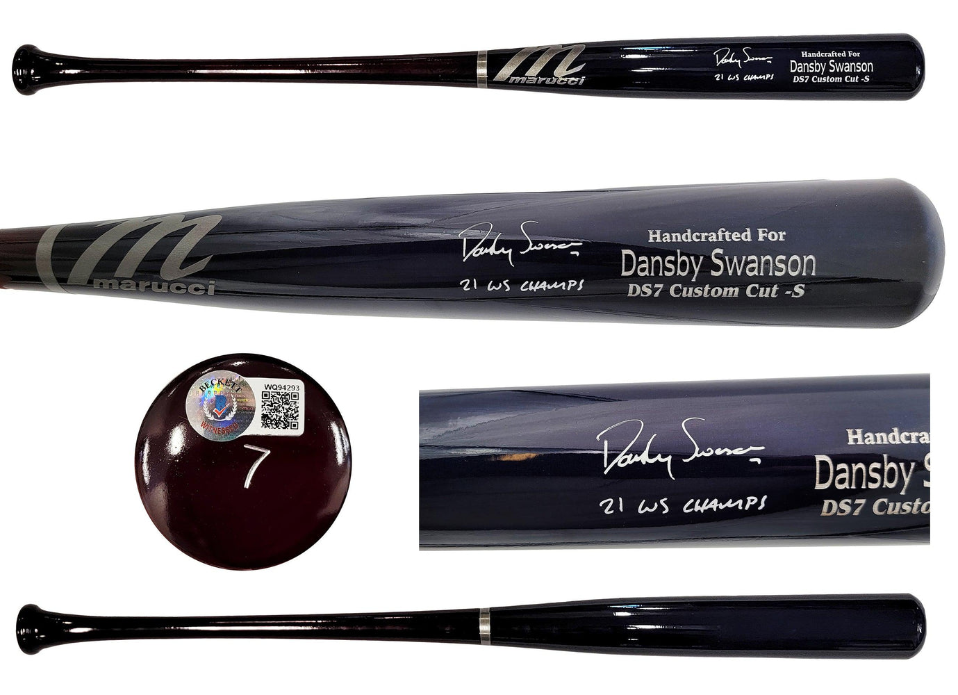 Dansby Swanson Autographed Blue & Brown Marucci Game Model Bat Atlanta Braves "21 WS Champs" Beckett BAS QR Stock #201707 - RSA
