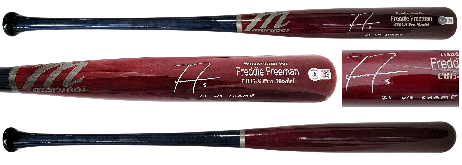 Freddie Freeman Autographed Brown & Blue Marucci Game Model Bat Atlanta Braves "21 WS Champ" Beckett BAS QR Stock #201178 - RSA