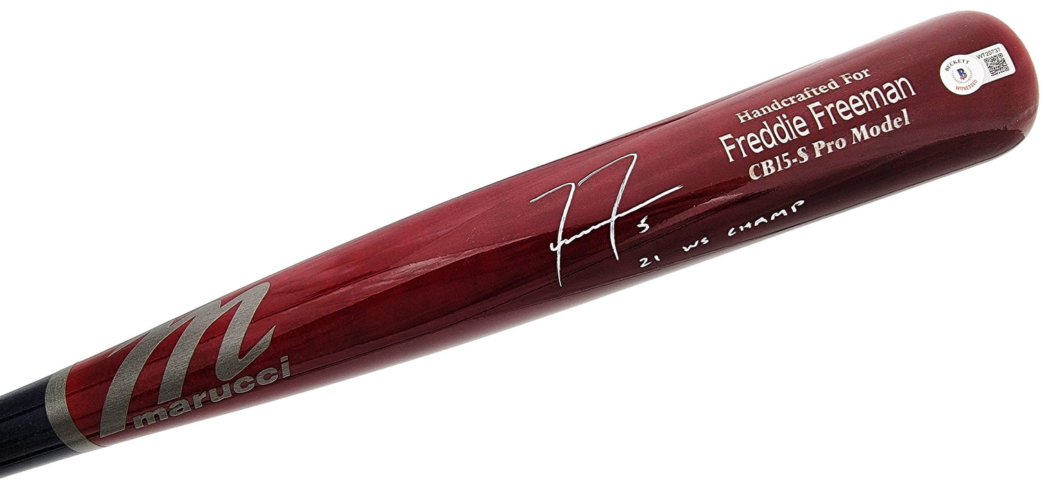 Freddie Freeman Autographed Brown & Blue Marucci Game Model Bat Atlanta Braves "21 WS Champ" Beckett BAS QR Stock #201178 - RSA