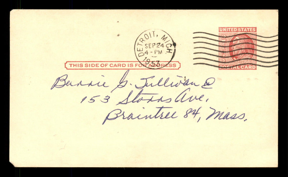 Bob Nieman Autographed 3.25x5.5 Government Postcard Detroit Tigers "Best Wishes" SKU #201391 - RSA