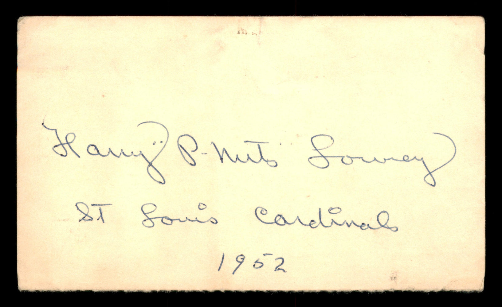 Harry "P-Nuts" Lowrey Autographed 3.25x5.5 Government Postcard St. Louis Cardinals "1952" SKU #201450 - RSA