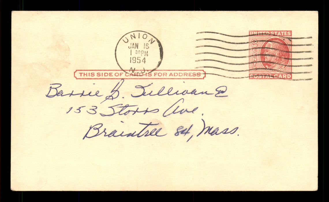 Joe Collins Autographed 3.25x5.5 Government Postcard New York Yankees SKU #201458 - RSA