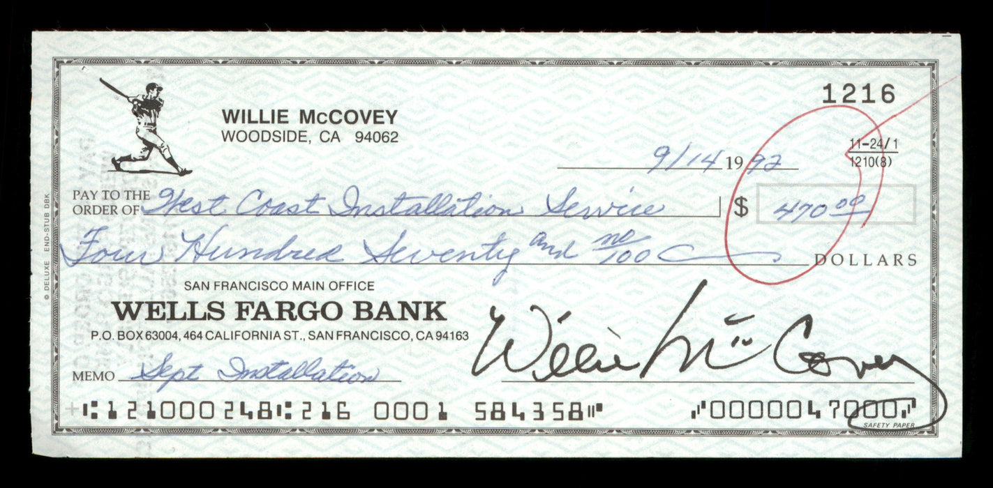 Willie McCovey Autographed 2.75x6 Check San Francisco Giants 1216 SKU #201475 - RSA