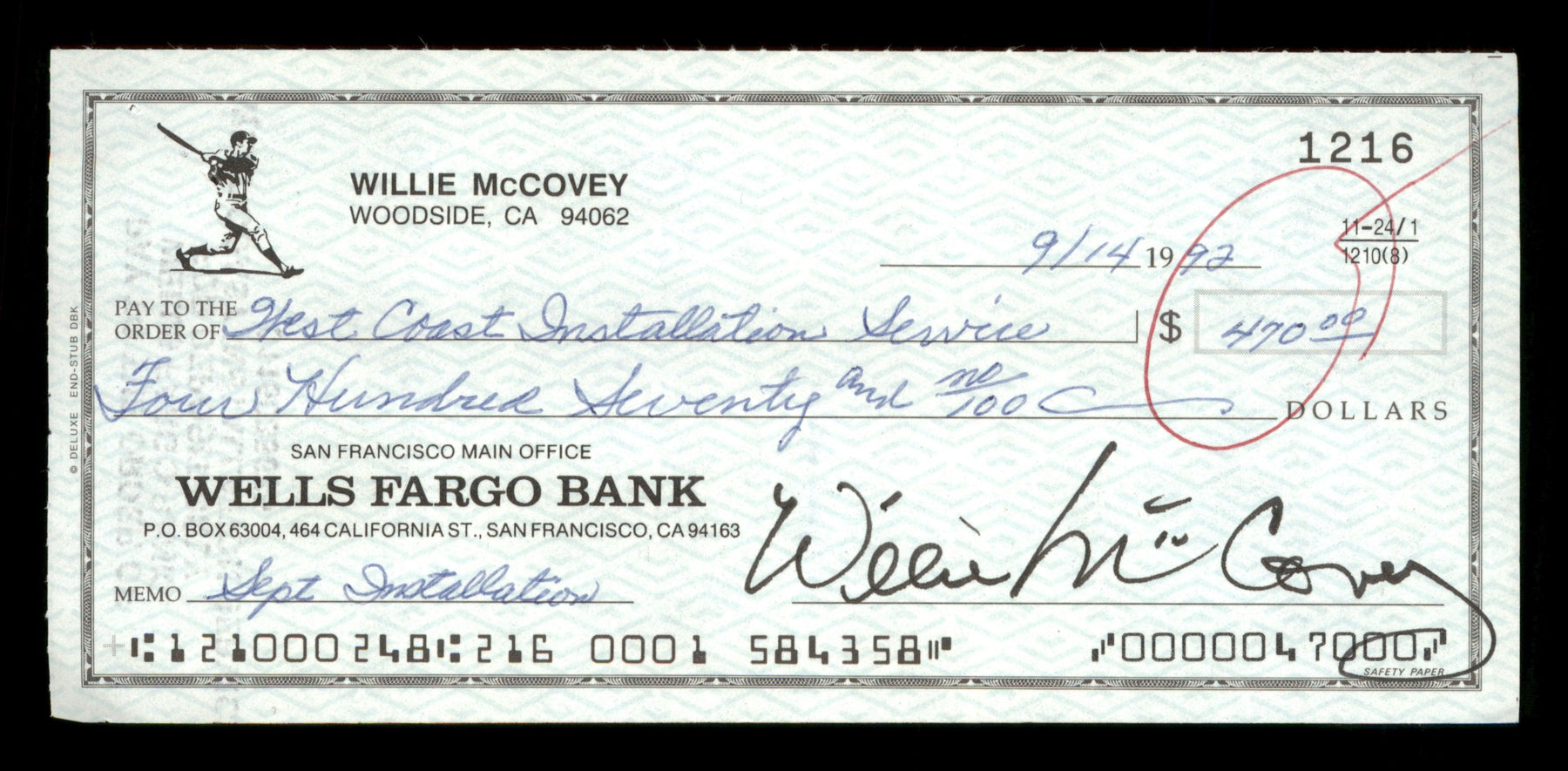 Willie McCovey Autographed 2.75x6 Check San Francisco Giants 1216 SKU #201475 - RSA