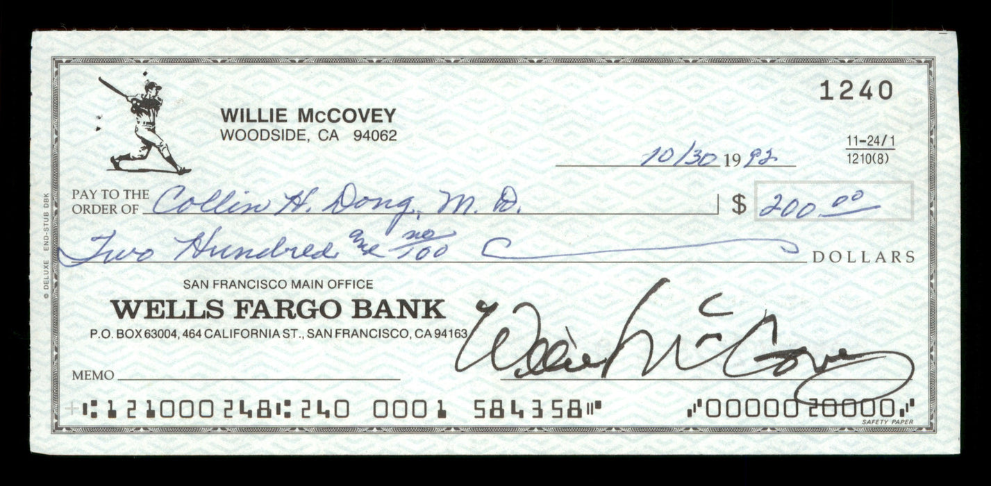 Willie McCovey Autographed 2.75x6 Check San Francisco Giants 1240 SKU #201476 - RSA