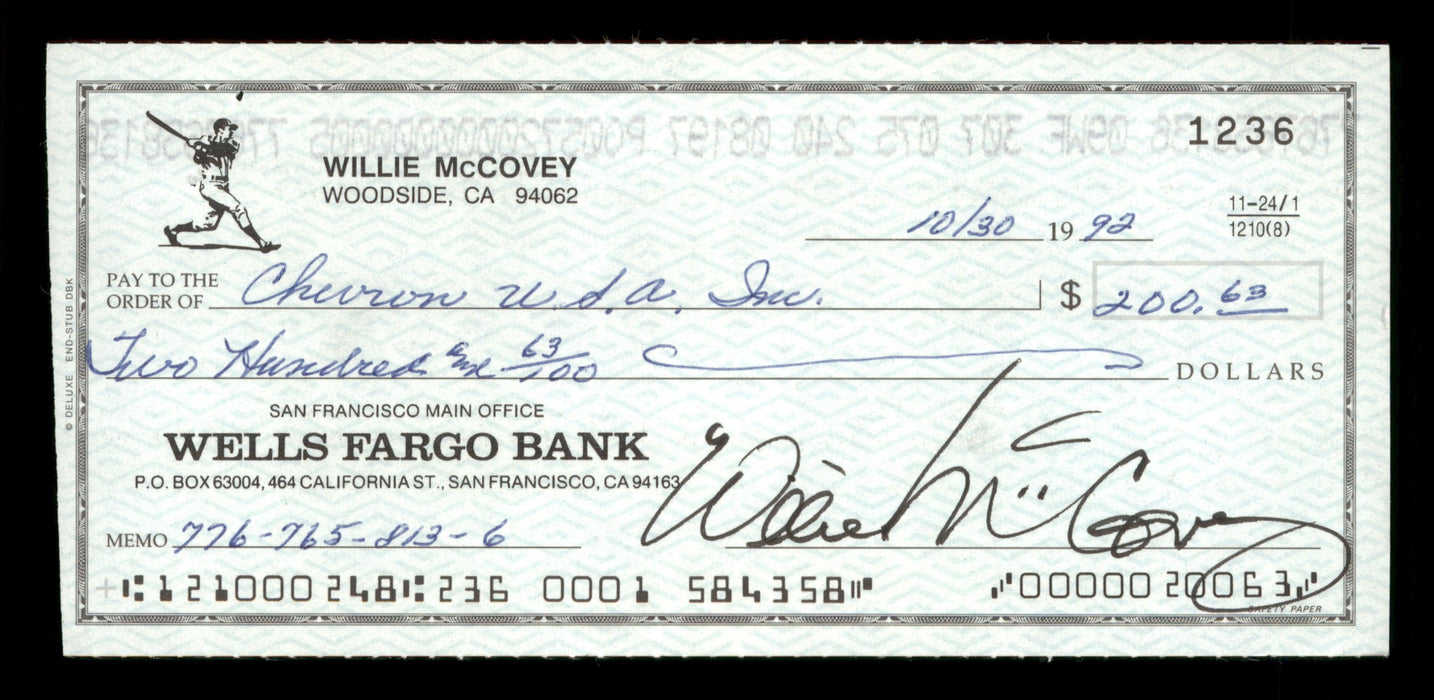 Willie McCovey Autographed 2.75x6 Check San Francisco Giants 1236 SKU #201479 - RSA
