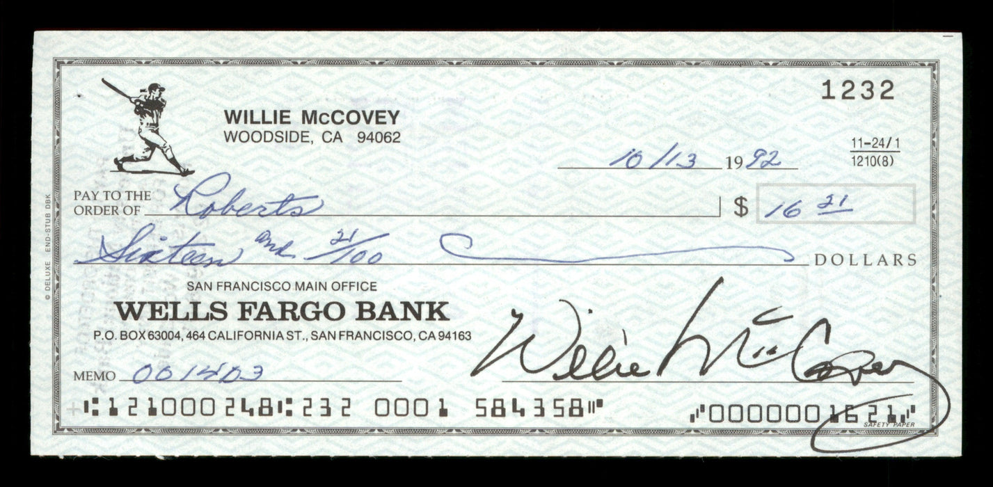 Willie McCovey Autographed 2.75x6 Check San Francisco Giants 1232 SKU #201482 - RSA