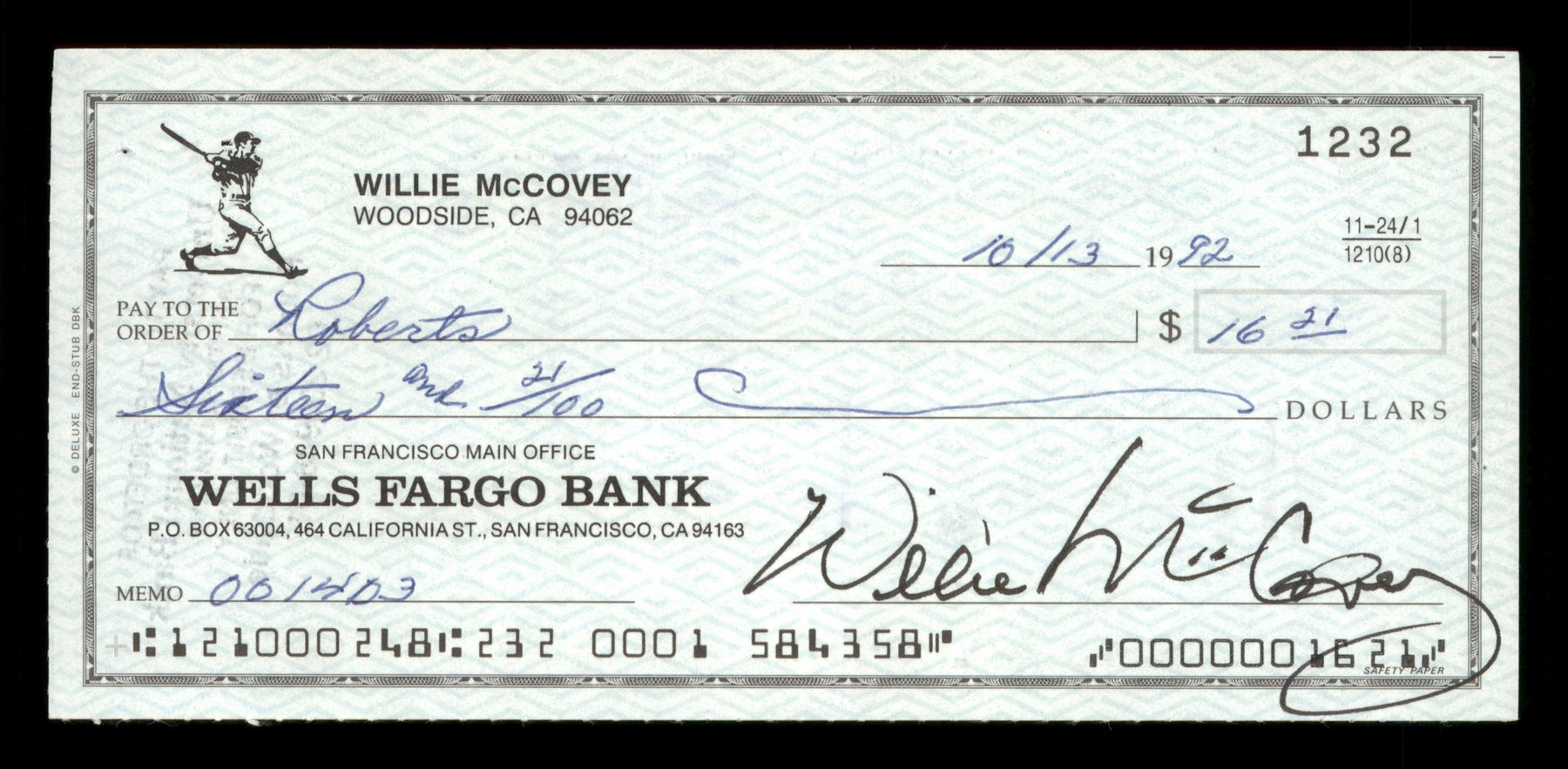 Willie McCovey Autographed 2.75x6 Check San Francisco Giants 1232 SKU #201482 - RSA